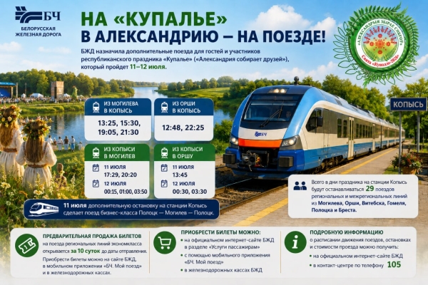 Belarusian Railways has scheduled additional trains to transport guests and participants of the national holiday "Kupalye" ("Alexandria gathers friends") on July 11 and 12